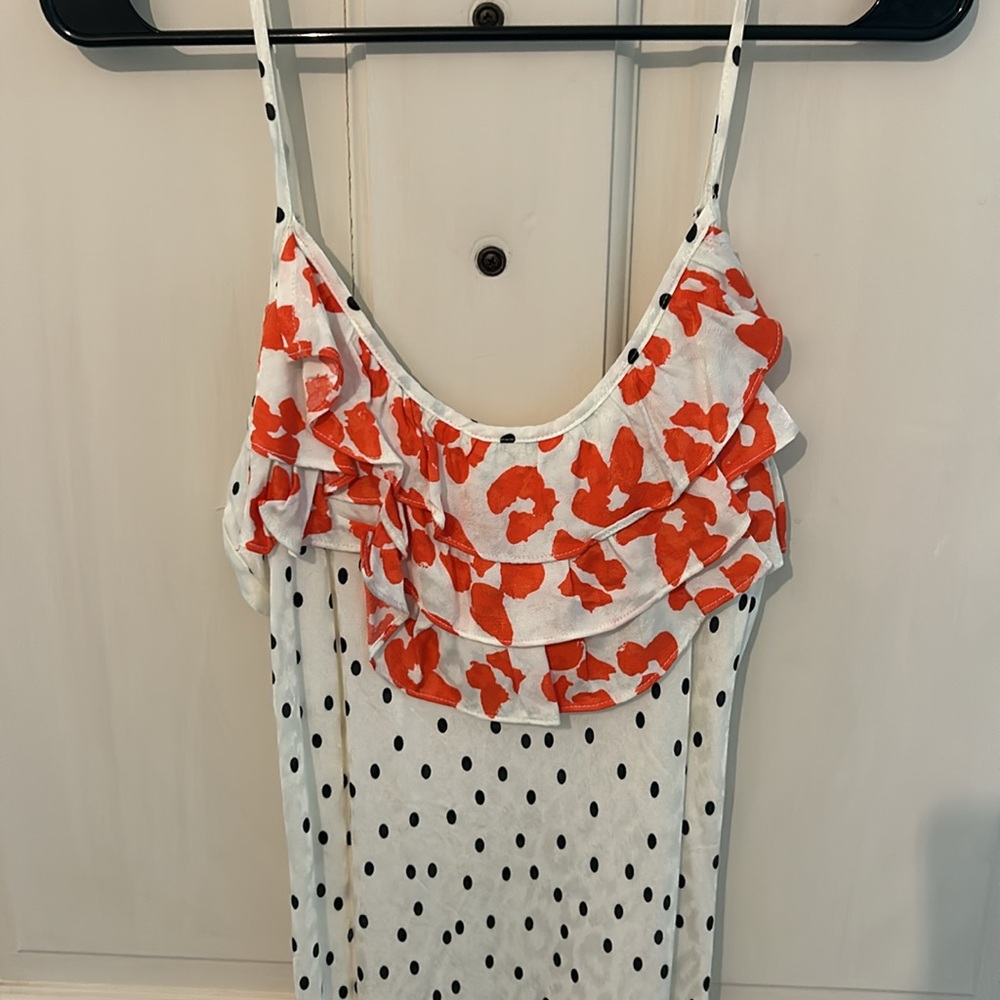 RIXO White Slip Midi Dress with Red Floral Bodice and Black Dot Print - Picture 2 of 4